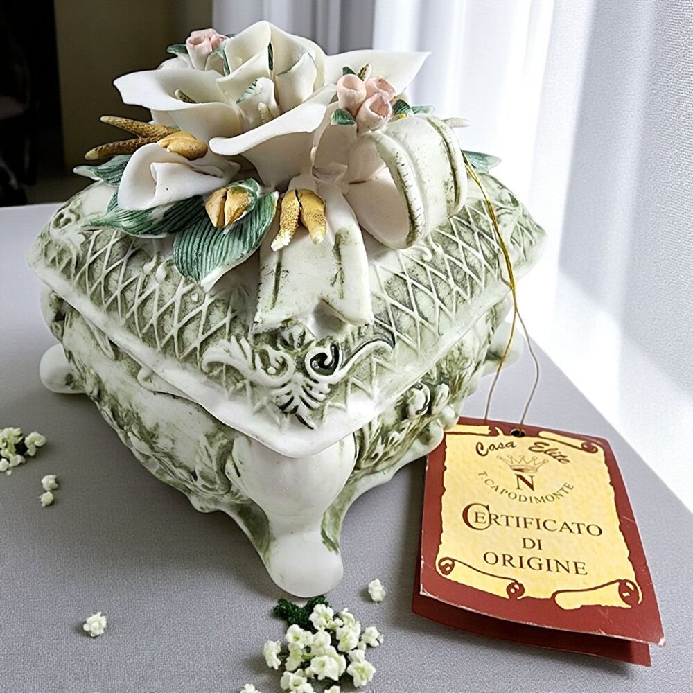 Casa Elite Capodimonte Porcelain Trinket Box Floral Top Vintage Italy Style